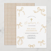 Ivory Neutral Bow Christening Invitation (Devant / Derrière)