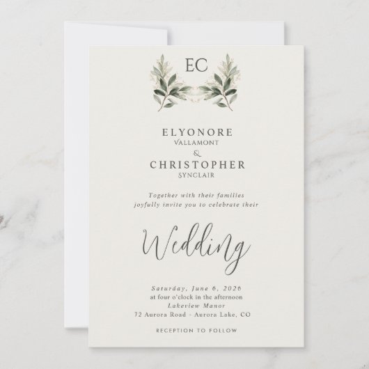 Ivory Olive Branch Monogram Photo Wedding Kaart (Voorkant)