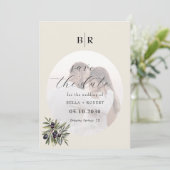 Ivory Olive Branch Monogram Photo Wedding Save The Date (Staand voorkant)