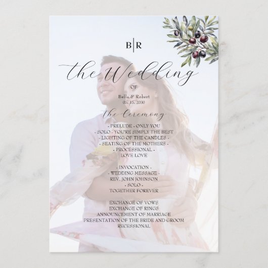 Ivory Olive Monogram Photo Wedding Program Programma (Voorkant)