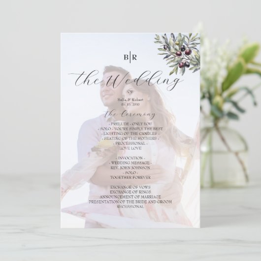 Ivory Olive Monogram Photo Wedding Program Programma (Staand voorkant)