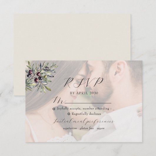 Ivory Olive Monogram Photo Wedding RSVP Kaartje (Voorkant / Achterkant)