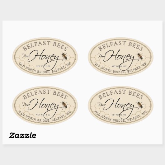 Ivory Oval Honey Label with Bee and Honeycomb (Vel)