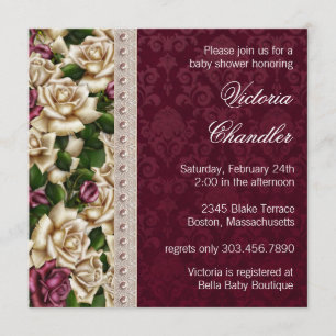 Ivory Parels Roze Rose Damask Baby Meisje Douche Kaart