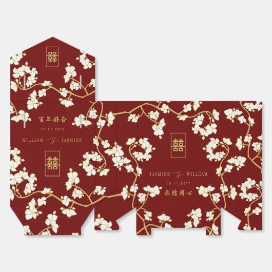 Ivory Peach/Plum Blossom Double Happiness Wedding Bedankdoosjes (Ongevouwen)