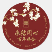 Ivory Peach/Plum Blossom Double Happiness Wedding Ronde Sticker (Voorkant)