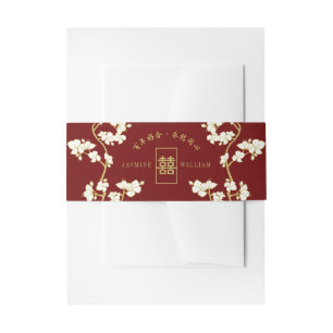 Ivory Peach/Plum Blossom Double Happiness Wedding Uitnodigingen Wikkel