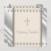 Ivory Pearl Cross Christening Invitation (Devant / Derrière)