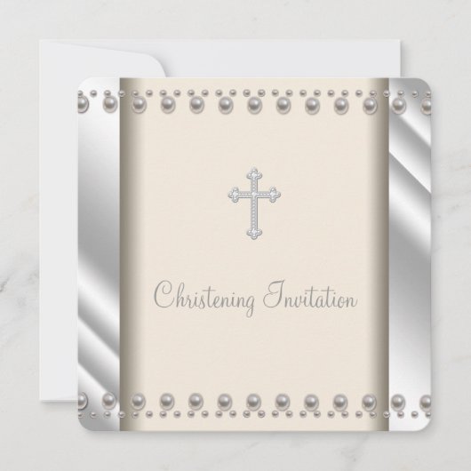 Ivory Pearl Cross Christening Invitation (Devant)