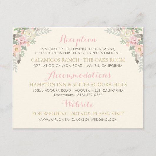 Ivory Pink Gold Floral Boho Weddeninformatie Informatiekaartje (Voorkant)