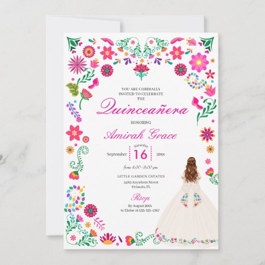 Ivory Pink Otomi Brodery Quinceañera Invitation (Devant)