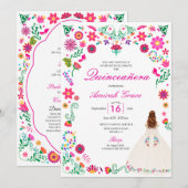 Ivory Pink Otomi Brodery Quinceañera Invitation (Devant / Derrière)