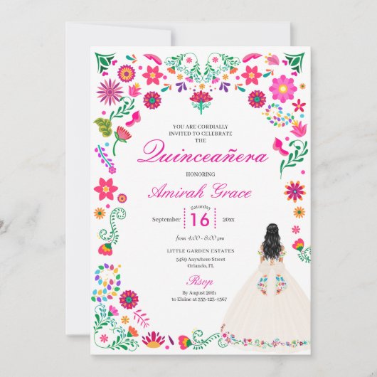 Ivory Pink Otomi Brodery Quinceañera Invitation (Devant)