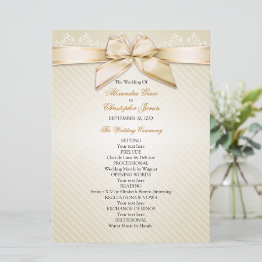Ivory Ribbon Gold Stripes Wedding Programme Programma (Staand voorkant)