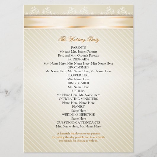 Ivory Ribbon Gold Stripes Wedding Programme Programma (Achterkant)
