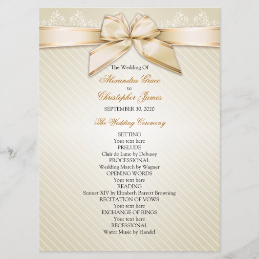 Ivory Ribbon Gold Stripes Wedding Programme Programma (Voorkant)