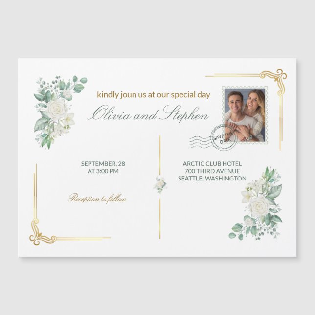 Ivory Roses floral Save the Date Magnet card (Devant)