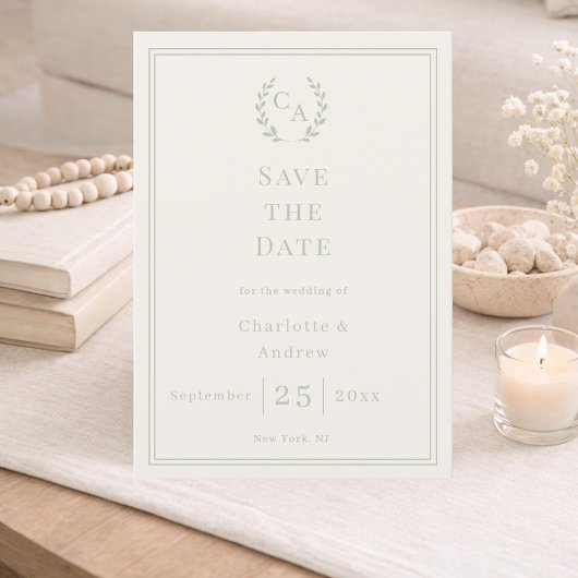 Ivory sage green monogram wreath wedding save the date