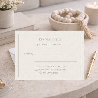 Ivory sage green pinstriped wedding response RSVP Notitiekaartje