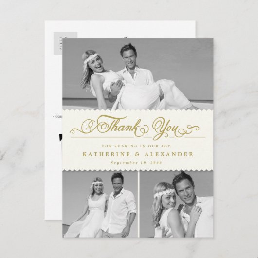 Ivory Scalloped Band 3 Foto Weddenschap Bedankt Po Briefkaart (Voorkant / Achterkant)