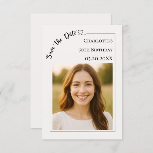 Ivory simple modern photo Birthday Save the Date (Devant / Derrière)