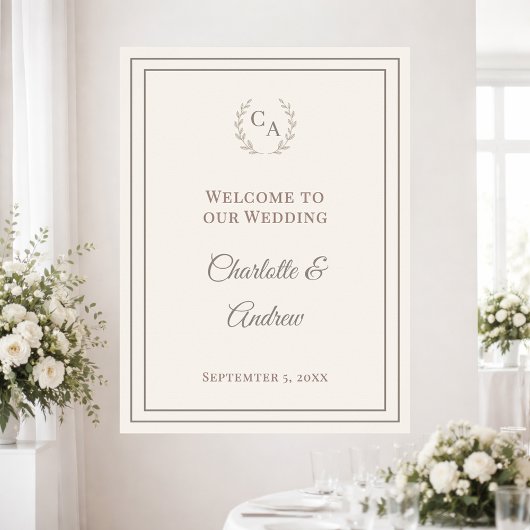 Ivory taupe monogrammed elegant wedding welcome poster