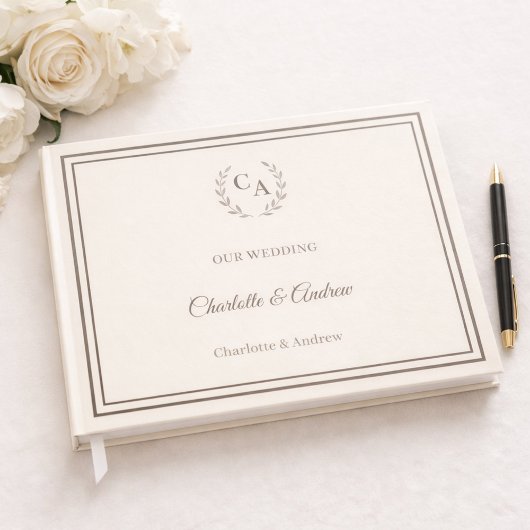 Ivory taupe monogrammed wreath wedding gastenboek