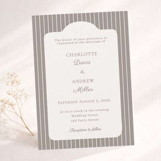 Ivory Taupe Neutral Pinstriped Wedding Kaart