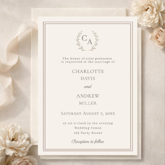 Ivory taupe wreath monogram luxury wedding  kaart
