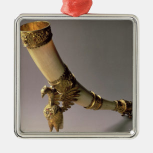 Ivory tusk drink hoorn met zilverkieuwingen metalen ornament