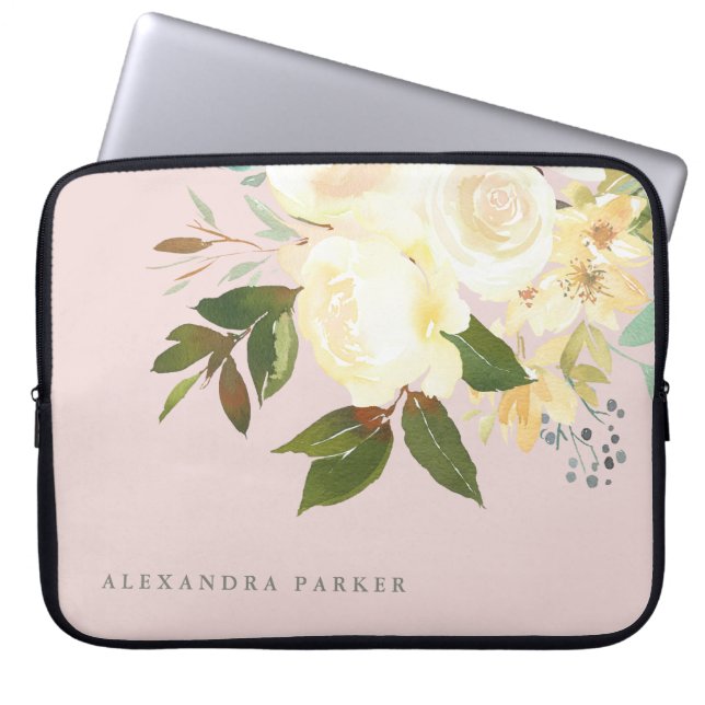 Ivory Waterverf Florals op Blush Laptop Sleeve (Voorkant)