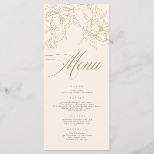 Ivory Wedding Menu-kaart, met gouden florale pony Programma (Voorkant)