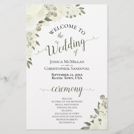 Ivory White Boho Floral Budget Bruiloft Programma (Voorkant)