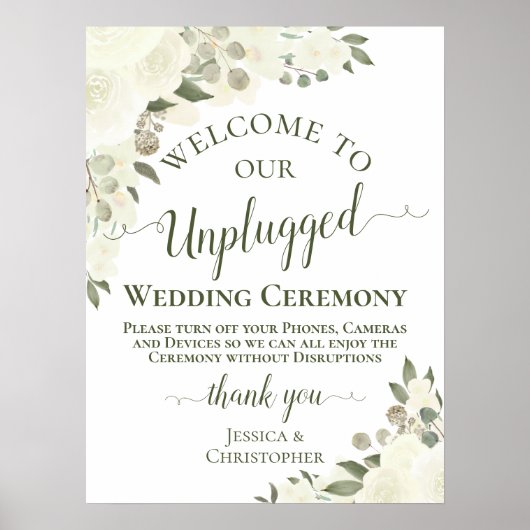Ivory White Boho Floral Unplugged Wedding Ceremony Poster (Voorkant)