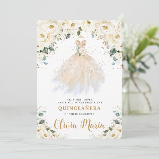Ivory White Floral Champagne Dress Quinceañera Kaart (Staand voorkant)