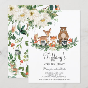 Ivory White Floral Cute Woodland Animals Birthday Kaart