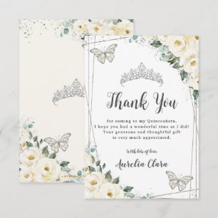 Ivory White Floral Silver Butterflies Quinceañera Bedankkaart