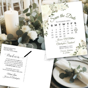 Ivory White Floral Wedding Save the Date Calendar Aankondigingskaart
