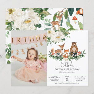 Ivory White Floral Woodland Animals Birthday Foto Kaart