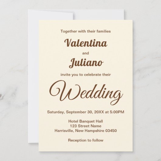 Ivory with Brown Text Wedding Invitation Kaart (Voorkant)