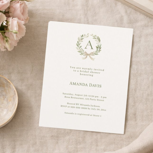 Ivory wreath bow monogram Bridal Shower invitation (Creator heeft geüpload)