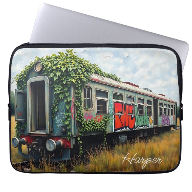 Ivy and Graffiti  Covered Abandoned Train  Laptop Sleeve (Voorkant)