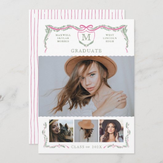 Ivy Crest Monogramme Photo Faire-part de graduatio (Devant / Derrière)