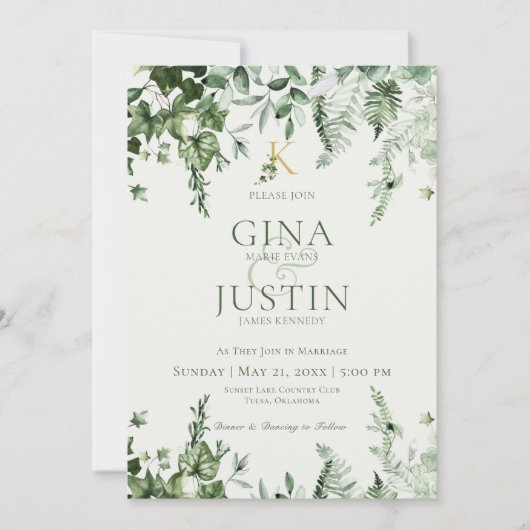 Ivy & Sage Monogram Faire-part de mariage vert fon (Devant)