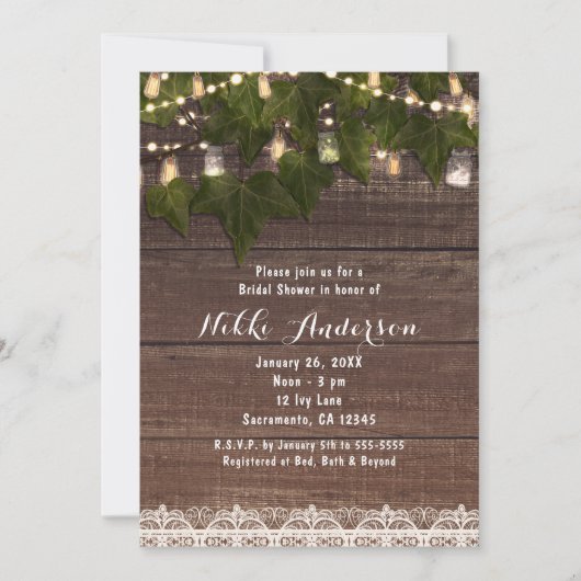 Ivy & String Lights Mason Jar Invitations rustique (Devant)