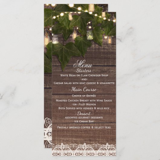 Ivy & String Lights Mason Jar Rustic Party Menu (Devant / Derrière)