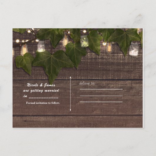 Ivy & String Lights Mason Jar Rustic Save the Date Aankondigingskaart (Achterkant)