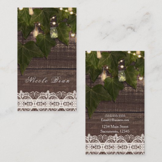 Ivy & String Lights Mason Jar Rustiek Elegant Chic Visitekaartje (Voorkant / Achterkant)