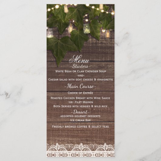 Ivy & String Lights Mason Jar Rustieke Partijmenu Menu (Voorkant)