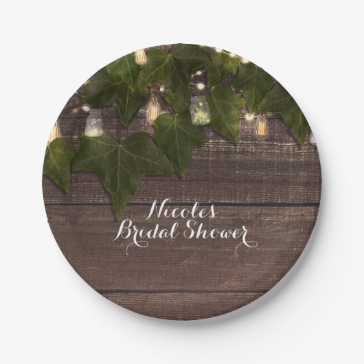 Ivy & String Lights Mason Jar Rustieke receptie Papieren Bordje (Voorkant)